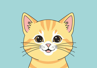 Charming orange tabby kitten illustration with a sweet smile and expressive eyes against a soft blue background, perfect for children's designs and animal themes