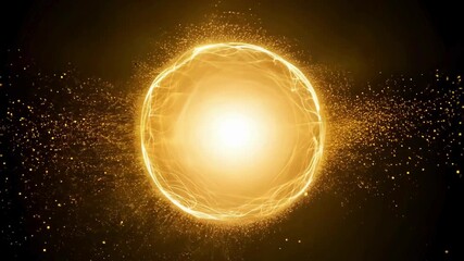Abstract, dynamic animation of a pulsating golden energy core or sphere surrounded by swirling light trails and glitter particles on a dark background - Powered by Adobe