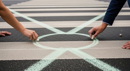 Two hands are drawing geometric shapes in chalk on a modern pavement, creating a large circle and intersecting lines, showcasing creativity and collaboration in an urban setting