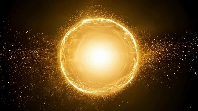 Abstract, dynamic animation of a pulsating golden energy core or sphere surrounded by swirling light trails and glitter particles on a dark background