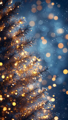 Christmas tree with golden lights on a blue background with copy space