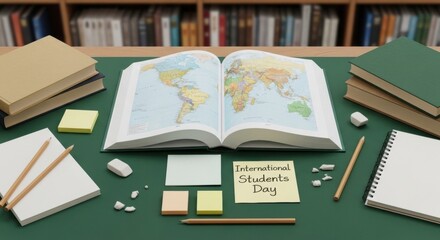 A chalky-green desk hosts an open world atlas with continents,  surrounded by stacked books, notes, pencils, chalk, and a small card reading International Students Day, inviting study, travel
