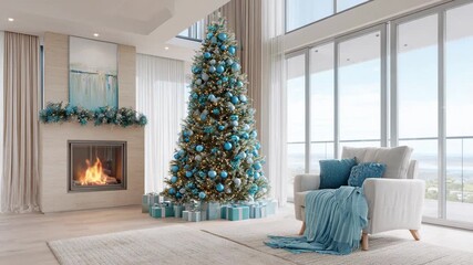 Elegant living room with blue decorated Christmas tree near fireplace and window overlooking winter landscape - Powered by Adobe