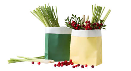 Fresh bunches of green onions and red currants in green and yellow paper bags isolated on white, perfect for healthy cooking and kitchen decoration