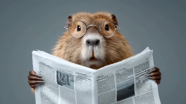 Funny beaver wearing round glasses reading newspaper with surprised expression on gray background