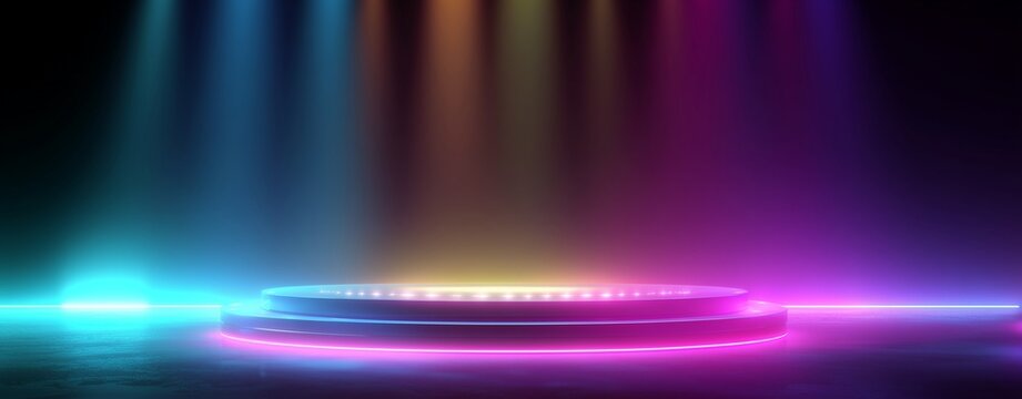 Illuminated Stage: A vibrant stage bathed in a spectrum of colorful lights, emanating from above to spotlight the center. A showcase of artistic presentation.