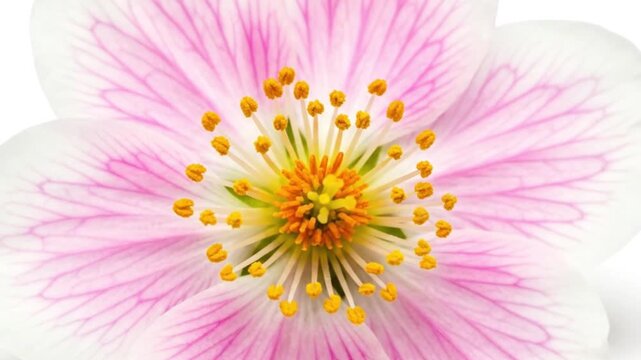 Closeup of a pink  white flower with a yelloworange center Petals have pink veins