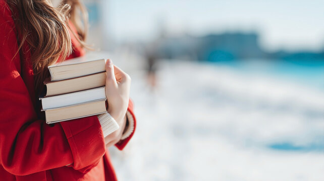 UGC style close-up of a hand hugging books, with a woman in a crimson coat partially visible from behind in crisp snowy winter light
