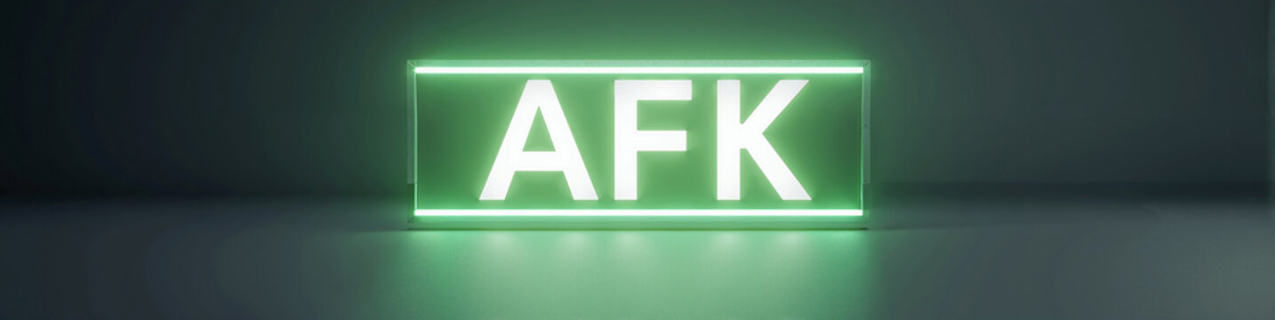 "AFK" (Away From Keyboard) banner on a neon-green signboard, lit by a crisp white backlight, clean studio background with dark gradient