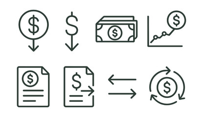 Set of six different dollar signs and dollar bills