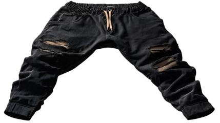 Pair of black ripped skinny jeans laid flat, modern streetwear style, transparent background