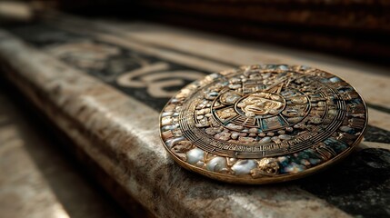 Ornate Aztec Medallion on Marble Surface