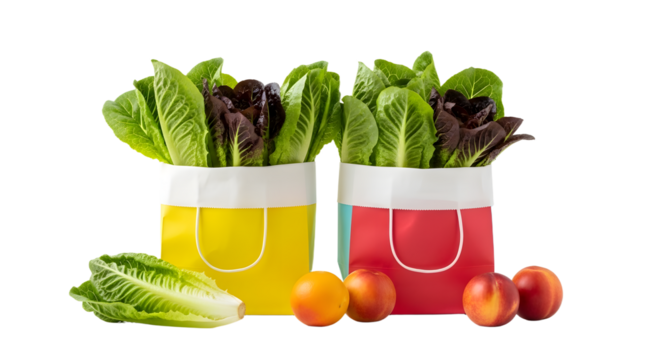Fresh green and red lettuce heads in two colorful thermo bags with bright peaches, healthy food concept, perfect for farmers' markets or picnics