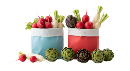 Fresh radishes and artichokes in blue and red bags, isolated on white background, healthy vegetables for cooking and nutrition