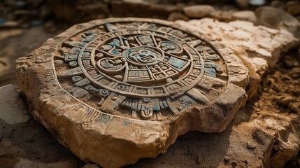 Ancient Aztec Sun Stone Carved Relief