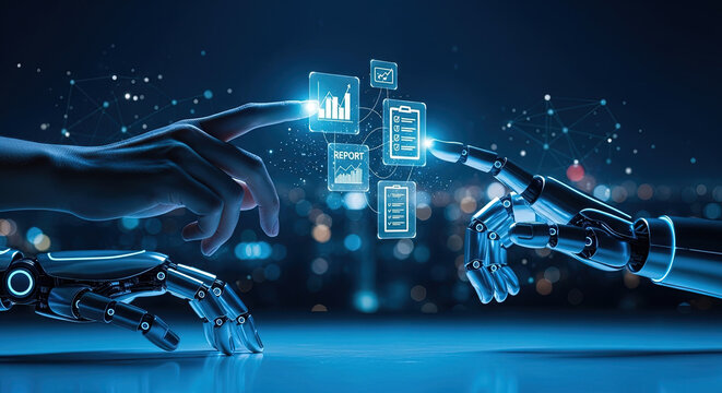 AI Data Analysis: Human and Robot Hands Interact with Digital Reports and Charts. Concept for Automation, Machine Learning, and Business Intelligence.