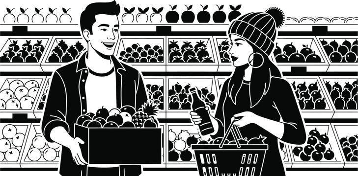 Smiling couple happily shopping for fresh produce in a grocery store aisle - Powered by Adobe