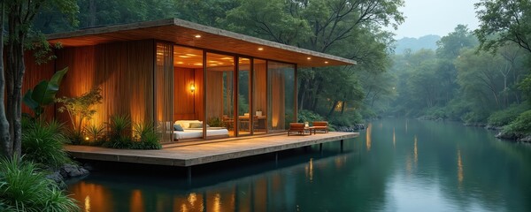 Modern bamboo house on river offers eco stay. Sustainable architecture blends with nature for peaceful retreat. Interior features bed and lounge area with water views.
