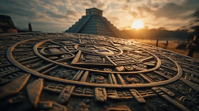 Mayan Calendar Stone with Pyramid Sunset