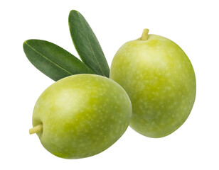 Fresh green olive with leaf isolated on white background. Nutritious ingredient for mediterranean diet, healthy food and delicious oil. Natural beauty product and organic cosmetics