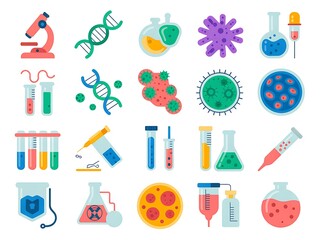 Collection of colorful flat icons representing scientific research biology medicine and laboratory equipment for healthcare and education