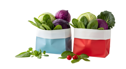 Fresh green and purple cabbage vegetables in red and blue reusable fabric bags isolated on white, perfect for grocery shopping and eco-friendly living