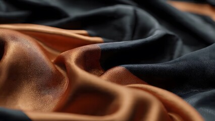 Elegant Fabric in Motion: A close-up shot revealing the luxurious textures of silk fabric, its shimmering surface reflecting light and movement with graceful folds. 