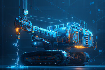 大型クレーンのワイヤーフレーム構造を青とオレンジの光線で描いたデジタル設計イメージ