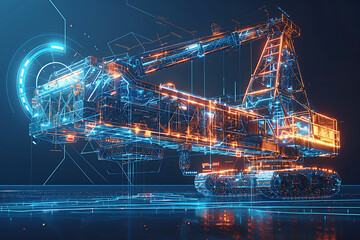 大型クレーンのワイヤーフレーム構造を青とオレンジの光線で描いたデジタル設計イメージ