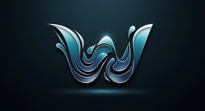 A sleek, metallic and liquid-like letter W logo design in shades of blue and silver, glowing against a dark background. - Powered by Adobe