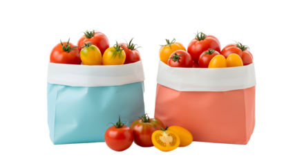 Fresh ripe tomatoes in reusable fabric bags with white trim isolated on white background, perfect for farmers markets and healthy eating