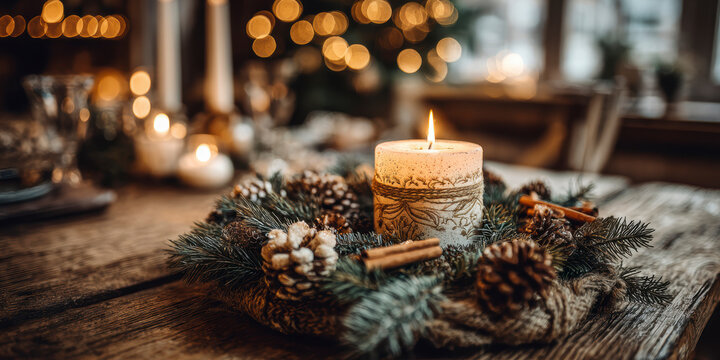 First Advent Sunday – One Candle Lit in Cozy Christmas Setting with Pinecones and Spices. AI generativen.