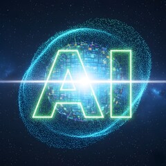 A glowing representation of artificial intelligence with a digital globe in the background. The letters 'AI' are prominently displayed in neon green.