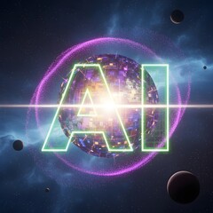 A digital representation of artificial intelligence with a glowing sphere and the letters 'AI' in neon green. The background features a cosmic scene with planets and stars.