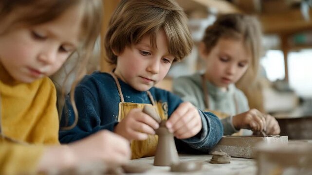 Kids creating homemade ornaments from clay and recycled materials, emotion of focus and satisfaction visible, representing sustainable holiday crafts, creative expression, and educational festive