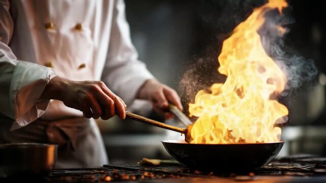 Culinary Maestro: A chef deftly wields a cooking tool, igniting a fiery spectacle, embodying passion and skill. Capturing culinary artistry.