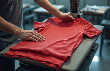 Man operates heat press machine to apply design on red t-shirt. Person customizes apparel in workshop. Production of branded merchandise for sale.
