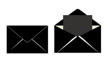 Black envelopes with one open showing invitation card inside on white background minimalist stationery design