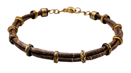 Rustic leather cord necklace for men with bronze chain accents, transparent background