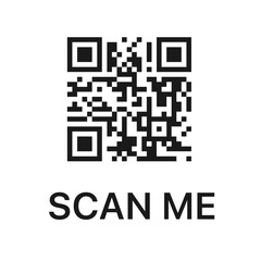 Minimal black and white QR code with text scan me below for website link or contact information access