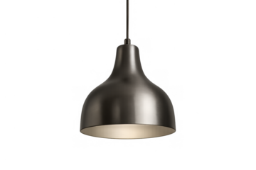 Black modern pendant lamp illuminating downwards, an elegant metal light fixture hanging on transparent background