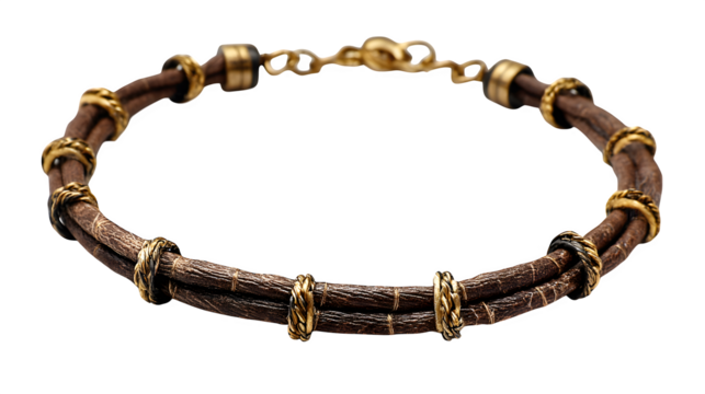 Rustic leather cord necklace for men with bronze chain accents, transparent background - Powered by Adobe