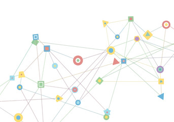 Abstract colorful network of interconnected geometric shapes on a white background, representing data, technology, or complex systems.