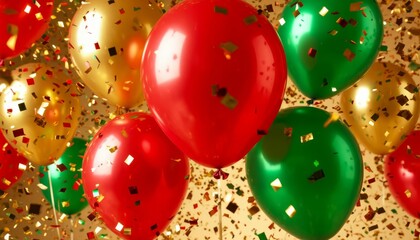 Red, gold, and green party balloons floating with falling golden confetti, festive background expressing celebration, holiday season, happy new year, birthday, event, anniversary