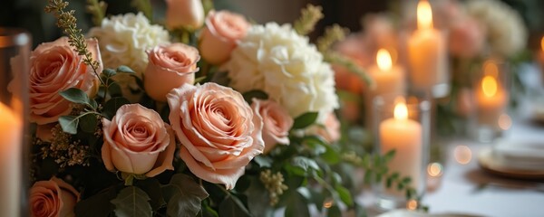Fototapeta premium Beautiful floral arrangement with soft pink, orange roses on table. Flowers surrounded by flickering candlelight creating elegant romantic atmosphere for wedding event. Decorative centerpiece with