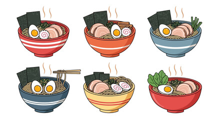 Set of 6, ramen, hot, Vector art style, Flat design illustration, clean outline, plain white background