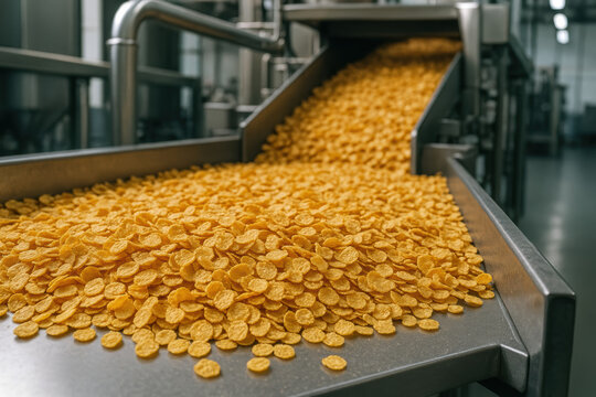 Production process and environment combine to create golden cornflake cereal on a factory with industrial machinery