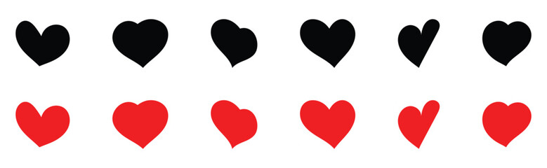 Isolated Red and Black love heart icon set on white background. Modern hand-drawn valentines love icon set.  Abstract graphical doodle love icon drawing. Hand made graphical heart icons. EPS 10. 