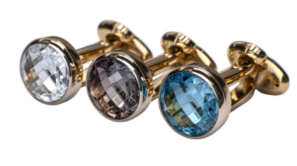 Set of men? gemstone cufflinks in gold and platinum, arranged in a row, transparent background