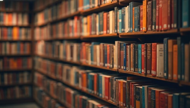 Blurred view of bookshelf. Assorted literature displayed on wooden shelves. Photo features library filled by books. Great background for blogs about study university life. Blurred scene gives cosy